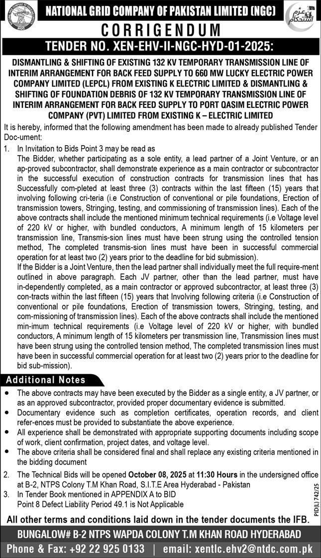 National Grid Company of Pakistan Limited Hyderabad Tender Notice
